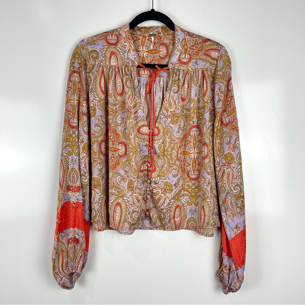 Free People Boho Paisley Blouse Women M Long Sleeve Flowy Indie Retro Top